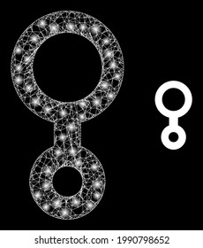 Bright hatched third gender symbol with glowing spots. Wire frame 2D mesh generated with crossed white lines and third gender symbol icon.