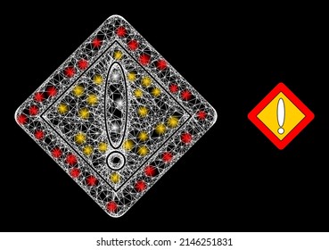 Rhombus de advertencia con trampas brillantes. Malla 2D de marco lineal generada con el cruce de líneas blancas y el icono de rhombus de advertencia.