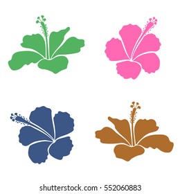 Bright hawaiian collection with four brown, pink and green tropical hibiscus flowers.