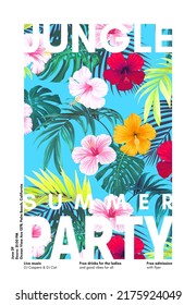 Bright hawaiian design with tropical plants and hibiscus flowers