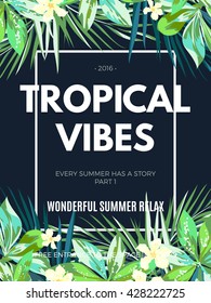 Bright hawaiian design with tropical plants and hibiscus flowers