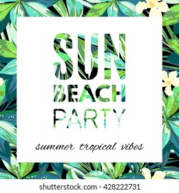 Bright hawaiian design with tropical plants and hibiscus flowers