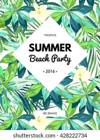 Bright hawaiian design with tropical plants and hibiscus flowers