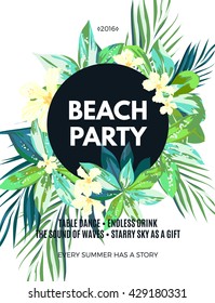 Bright hawaiian design with tropical plants and hibiscus flowers
