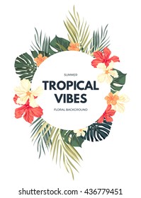 Bright hawaiian design with tropical plants and hibiscus flowers, vector illustration