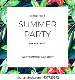 Bright hawaiian design with tropical plants and hibiscus flowers, vector illustration