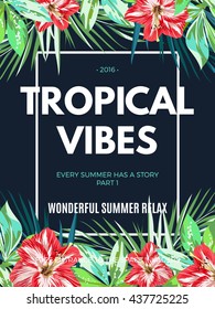Bright hawaiian design with tropical plants and hibiscus flowers, vector illustration