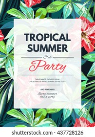 Bright hawaiian design with tropical plants and hibiscus flowers, vector illustration