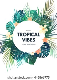 Bright hawaiian design with tropical plants and hibiscus flowers