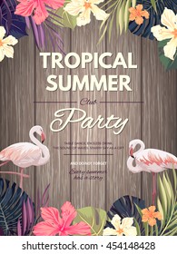 Bright hawaiian design with tropical plants and hibiscus flowers