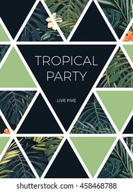 Bright hawaiian design with tropical plants and hibiscus flowers
