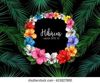 Bright hawaiian design with tropical plants and hibiscus flowers 