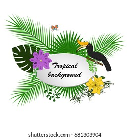 Bright hawaiian design with tropical plants, flowers and birds.