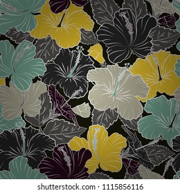 Bright hawaiian design with vector tropical plants and blue, yellow and gray hibiscus flowers. Vector illustration.