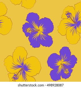 Bright hawaiian design with vector tropical plants and hibiscus flowers on yellow background.