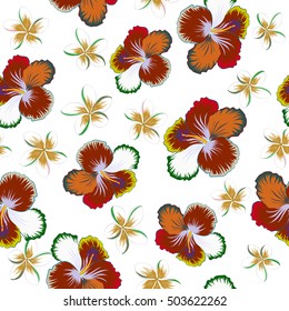 Bright hawaiian design with vector tropical plants and hibiscus flowers on white background.