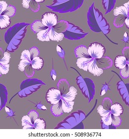 Bright hawaiian design with vector tropical plants and violet hibiscus flowers. Vector illustration.