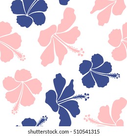 Bright hawaiian design with vector tropical plants and hibiscus flowers in blue and pink colors on a white background.