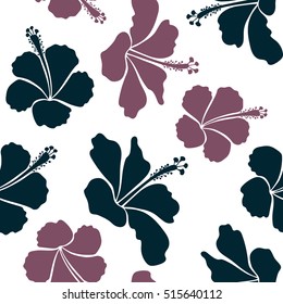 Bright hawaiian design with vector tropical plants and hibiscus flowers in purple colors on a white background.