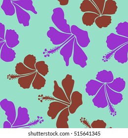 Bright hawaiian design with vector tropical plants and brown, blue and violet hibiscus flowers. Vector illustration.
