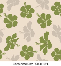 Bright hawaiian design with vector tropical plants and neutral, beige and green hibiscus flowers. Vector illustration.