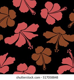 Bright hawaiian design with vector tropical plants and hibiscus flowers in brown and pink colors on a black background.