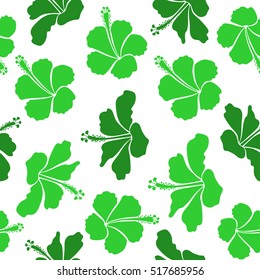 Bright hawaiian design with vector tropical plants and hibiscus flowers in green colors on a white background.