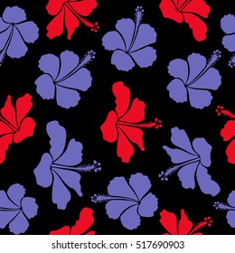 Bright hawaiian design with vector tropical plants and hibiscus flowers in violet and red colors on a black background.