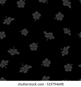 Bright hawaiian design with vector tropical plants and hibiscus flowers in gray colors on a black background.