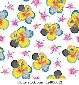 Bright hawaiian design with vector tropical plants and hibiscus flowers in yellow, blue and orange colors on a white background.