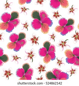 Bright hawaiian design with vector tropical plants and hibiscus flowers in green, neutral and pink colors on a white background.