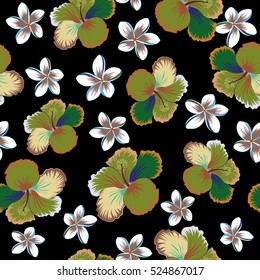 Bright hawaiian design with vector tropical plants and hibiscus flowers in green, brown and blue colors on a black background.