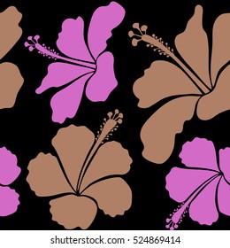 Bright hawaiian design with vector tropical plants and hibiscus flowers in pink and beige colors on a black background.