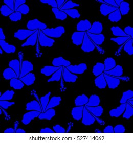 Bright hawaiian design with vector tropical plants and hibiscus flowers in blue colors on a black background.