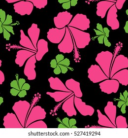 Bright hawaiian design with vector tropical plants and hibiscus flowers in green, pink and beige colors on a black background.