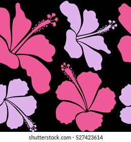 Bright hawaiian design with vector tropical plants and hibiscus flowers in pink and neutral colors on a black background.