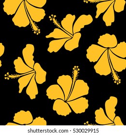 Bright hawaiian design with vector tropical plants and hibiscus flowers in yellow colors on a black background.