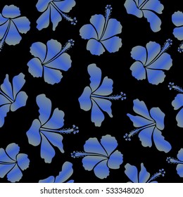 Bright hawaiian design with vector tropical plants and hibiscus flowers in blue and neutral colors on a black background.