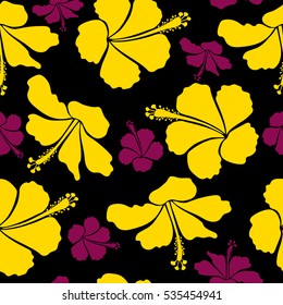 Bright hawaiian design with vector tropical plants and hibiscus flowers in yellow and purple colors on a black background.
