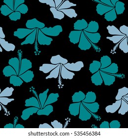 Bright hawaiian design with vector tropical plants and hibiscus flowers in blue colors on a black background.