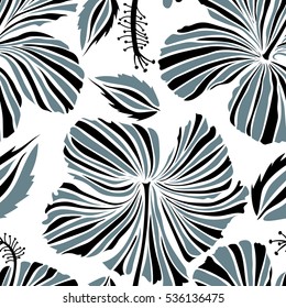 Bright hawaiian design with vector tropical plants and hibiscus flowers in neutral and black colors on a white background.
