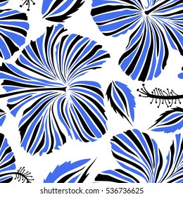 Bright hawaiian design with vector tropical plants and hibiscus flowers in blue and black colors on a white background.