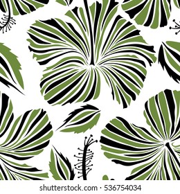 Bright hawaiian design with vector tropical plants and hibiscus flowers in black and green colors on a white background.