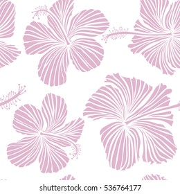 Bright hawaiian design with vector tropical plants and hibiscus flowers in neutral colors on a white background.