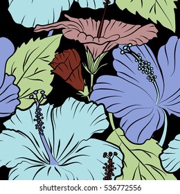 Bright hawaiian design with vector tropical plants and hibiscus flowers in blue and brown colors on a black background.
