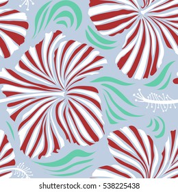 Bright hawaiian design with vector tropical plants and red and gray hibiscus flowers. Vector illustration.
