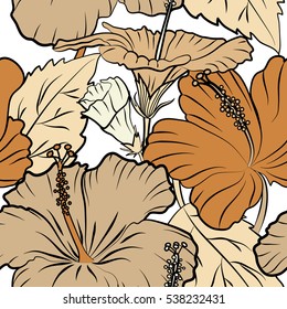 Bright hawaiian design with vector tropical plants and hibiscus flowers in orange and beige colors on a white background.
