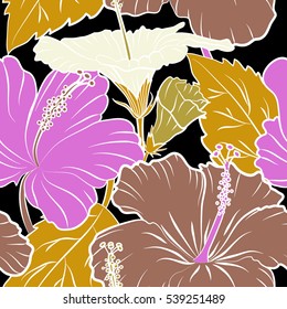 Bright hawaiian design with vector tropical plants and hibiscus flowers in violet and yellow colors on a black background.