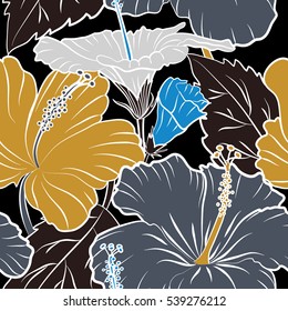 Bright hawaiian design with vector tropical plants and hibiscus flowers in gray, yellow and blue colors on a black background.