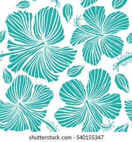 Bright hawaiian design with vector tropical plants and hibiscus flowers in blue colors on a white background.